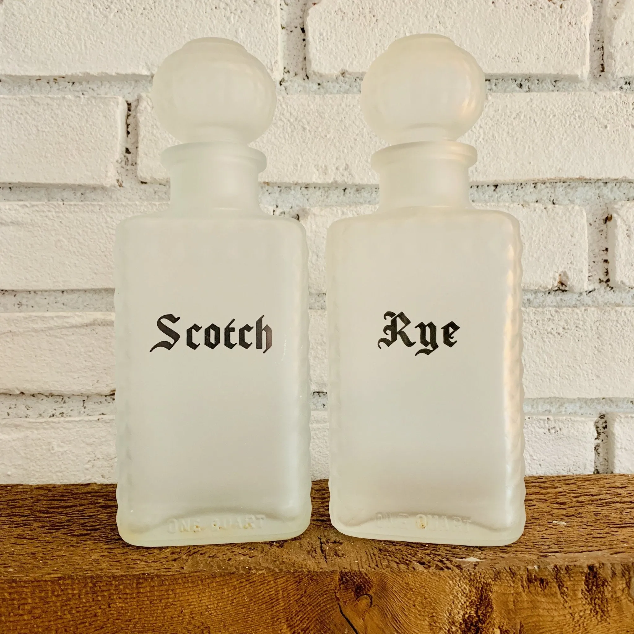 1940s Frosted Glass Decanter Set. Scotch & Rye Bottles. Vintage Barware. Perfect Housewarming Gift.