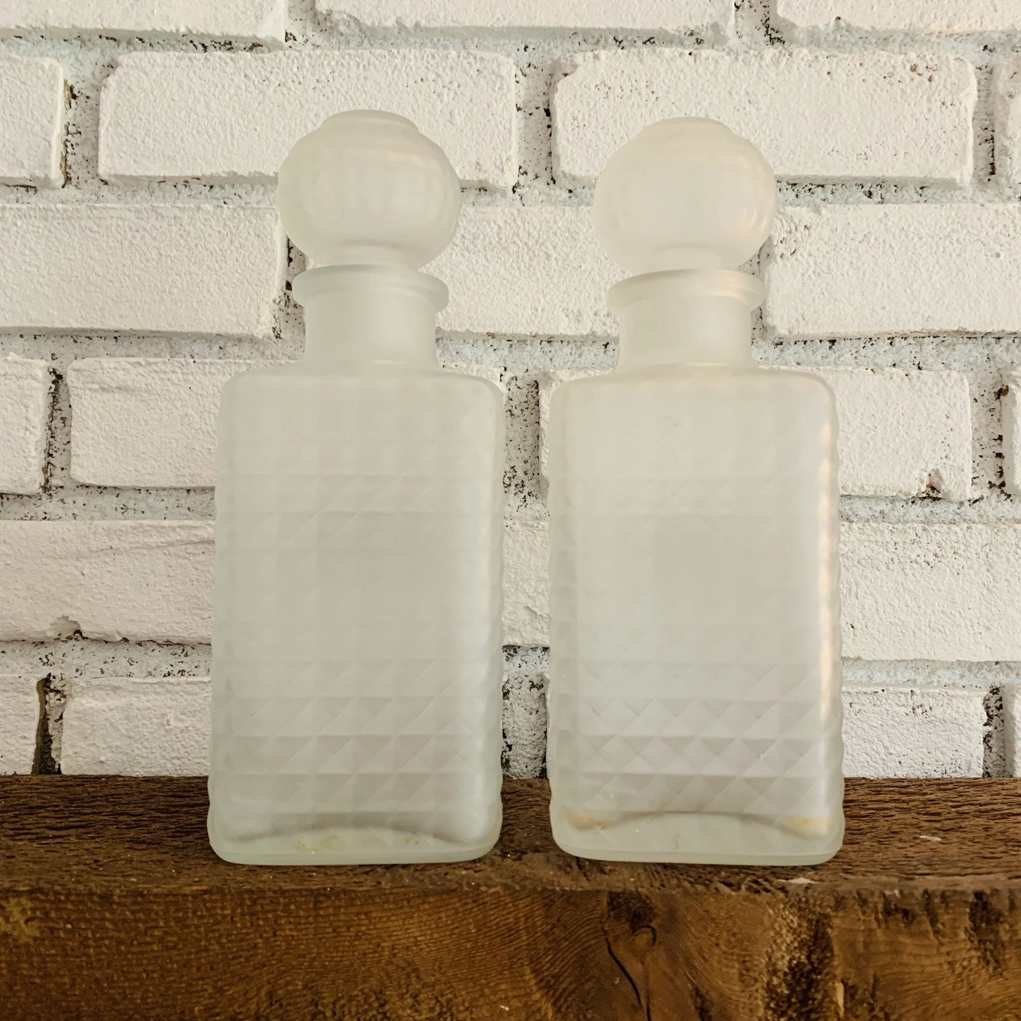 1940s Frosted Glass Decanter Set. Scotch & Rye Bottles. Vintage Barware. Perfect Housewarming Gift.