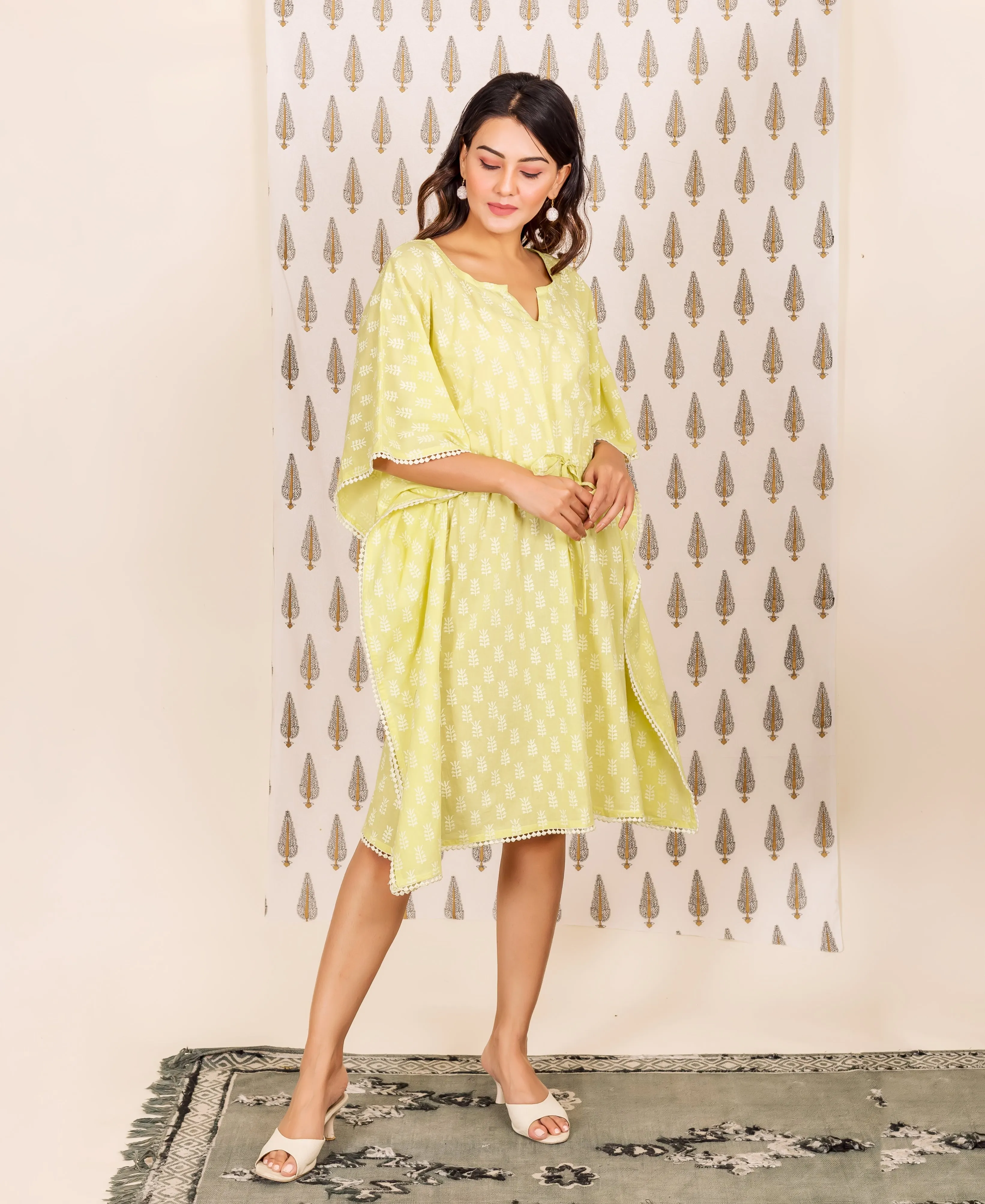 2 Piece Lime and White Block Printed Kaftan Set