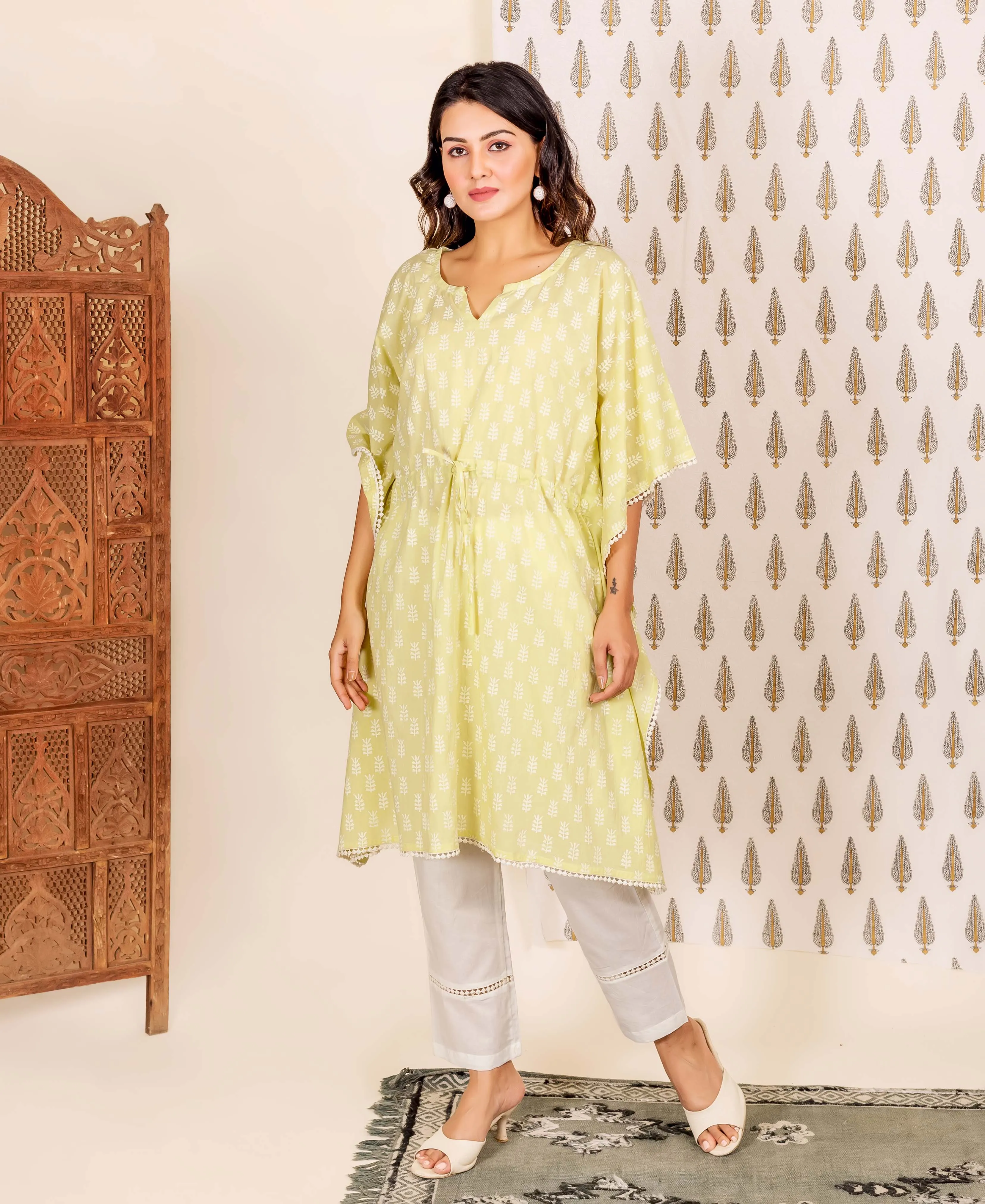 2 Piece Lime and White Block Printed Kaftan Set