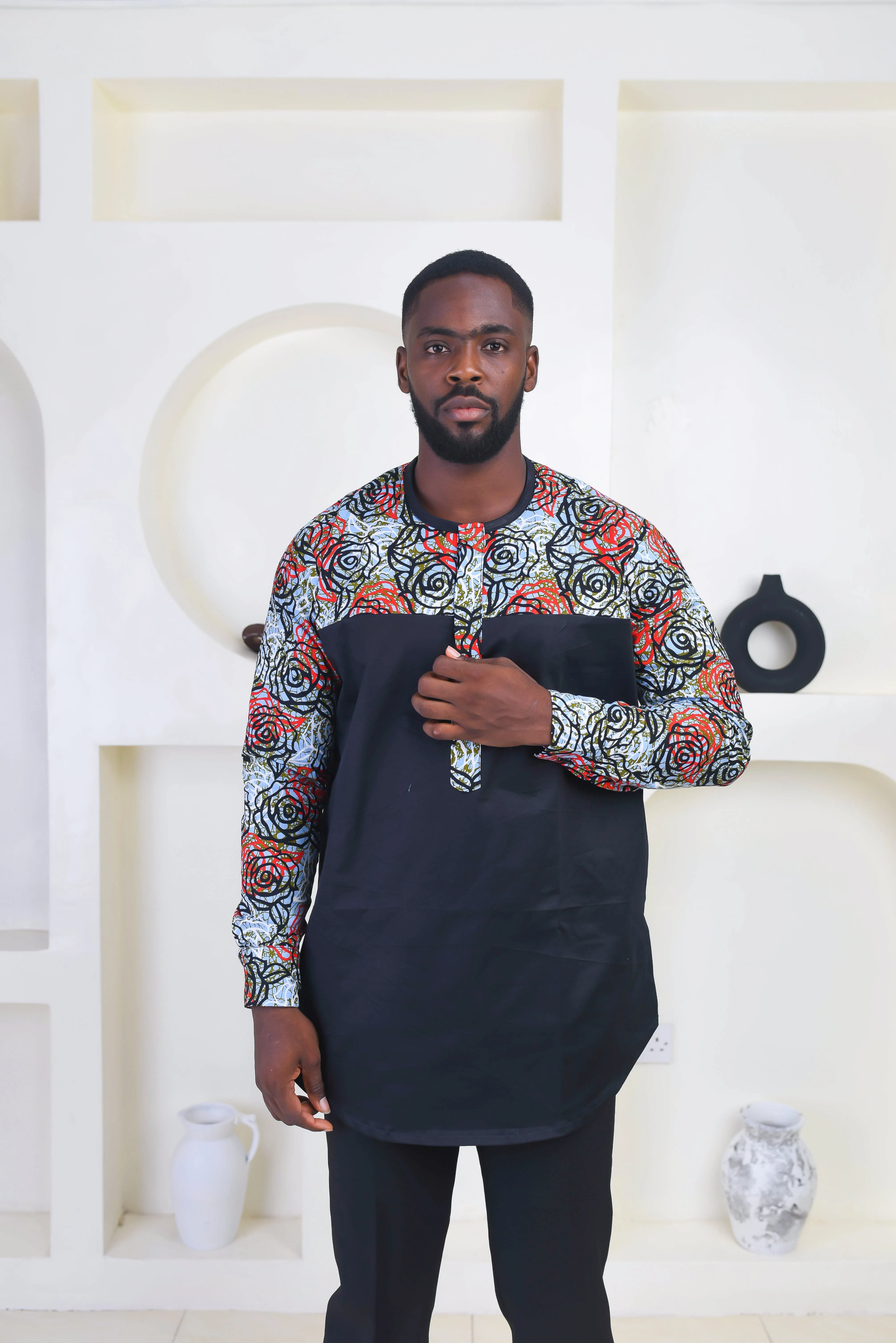 African Print Long Sleeve Kaftan Top for Men - Ifeoluwa