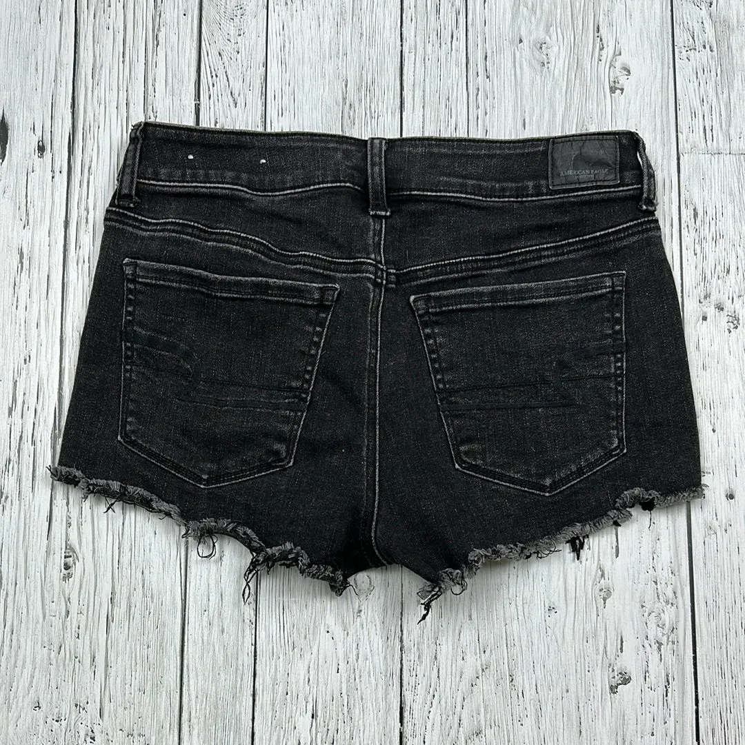 American Eagle Black Distressed Jean Shorts with Lace Patches - Hers M/8