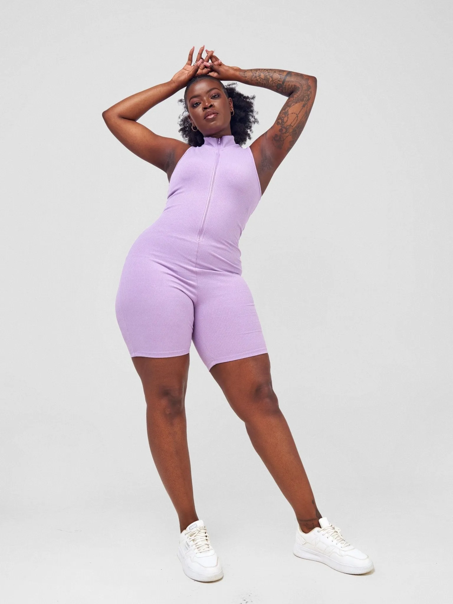 Anika Zip-Front Sleeveless Romper - Lavender Herb