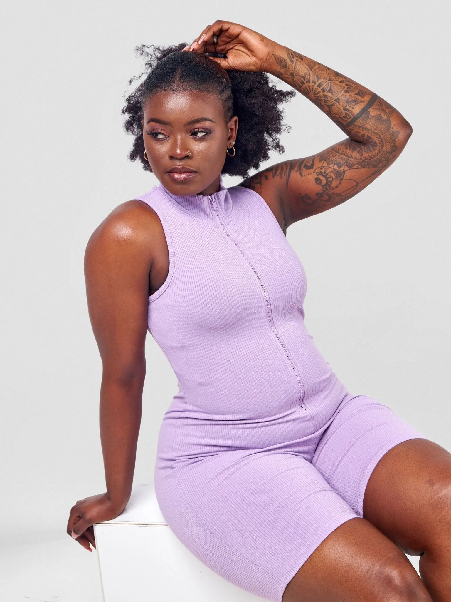 Anika Zip-Front Sleeveless Romper - Lavender Herb