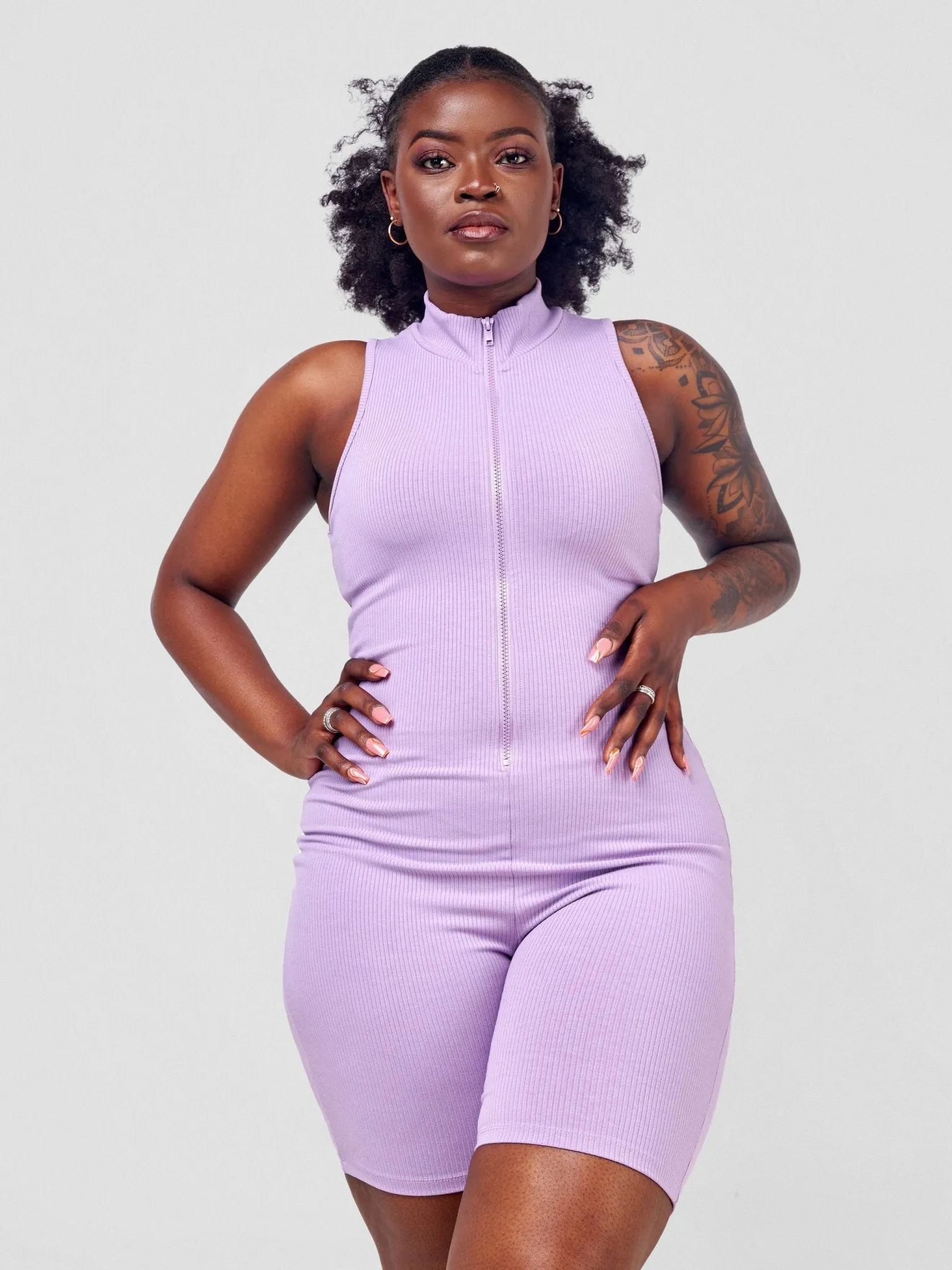 Anika Zip-Front Sleeveless Romper - Lavender Herb