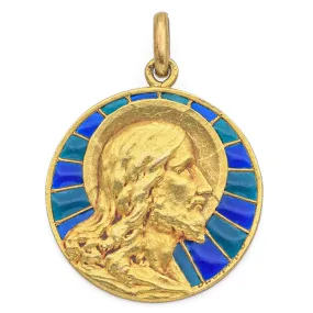 Antique French 18K Yellow Gold Plique-à-Jour Glass Jesus Medal Pendant