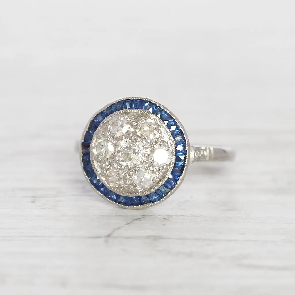 Art Deco Old Cut Diamond and Sapphire Target Cluster