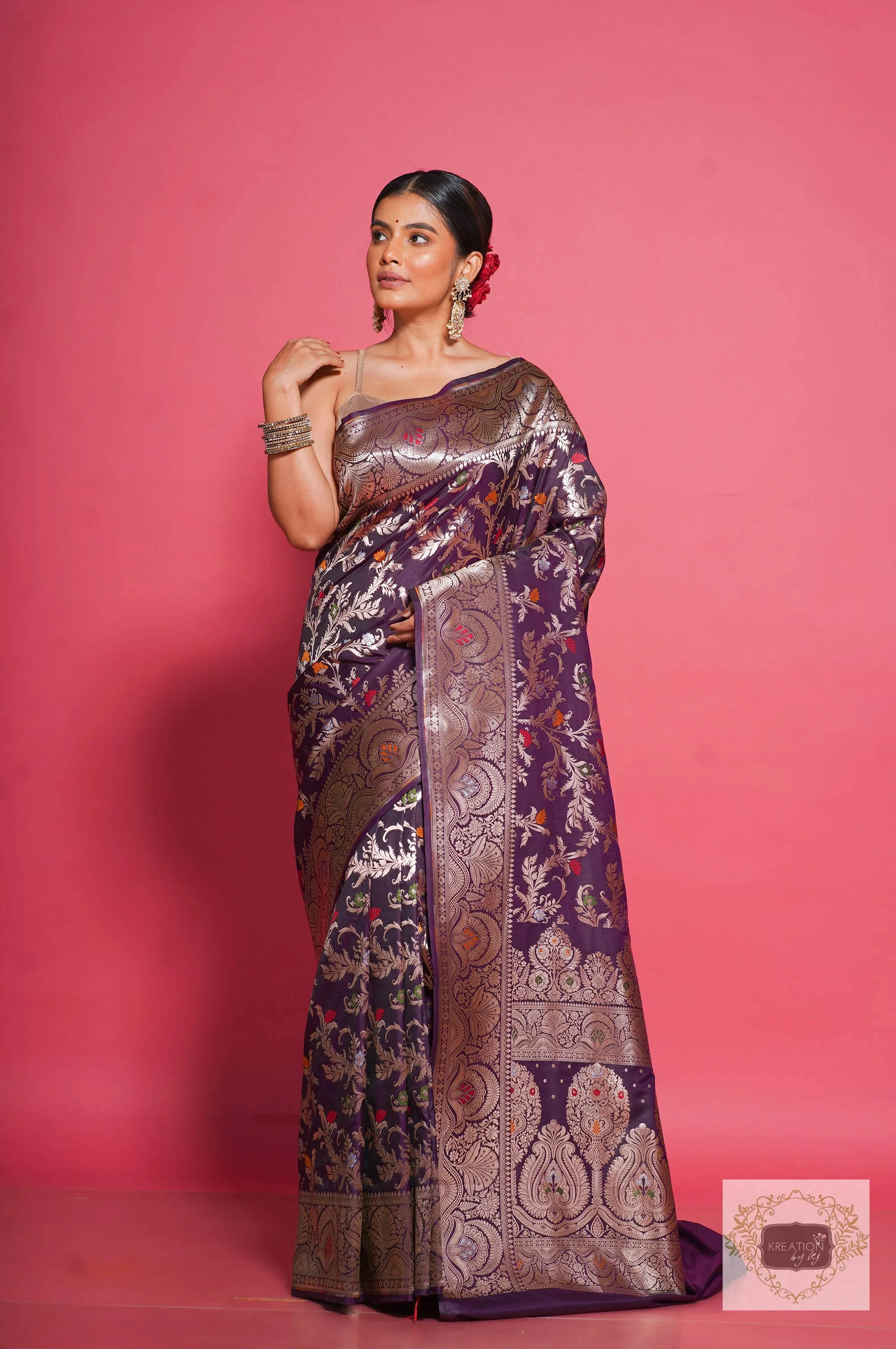 Aubergine Banarasi Kataan Silk Saree