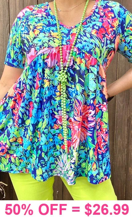 Blue & Colorful Floral baby doll top