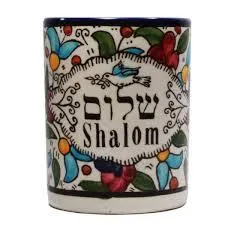 Bluenoemi Armenian Ceramic Coffee Mug Tel Aviv Israeli Gifts. Mug with an handcrafted Armenian Design Shalom motif .