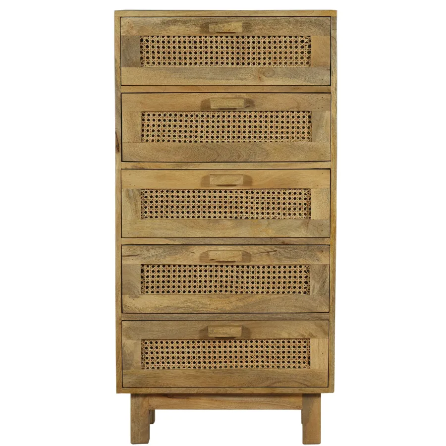 Byron Solid Wood Rattan 5 Drawer Chest Tallboy