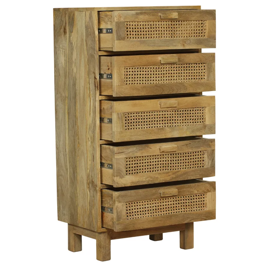 Byron Solid Wood Rattan 5 Drawer Chest Tallboy