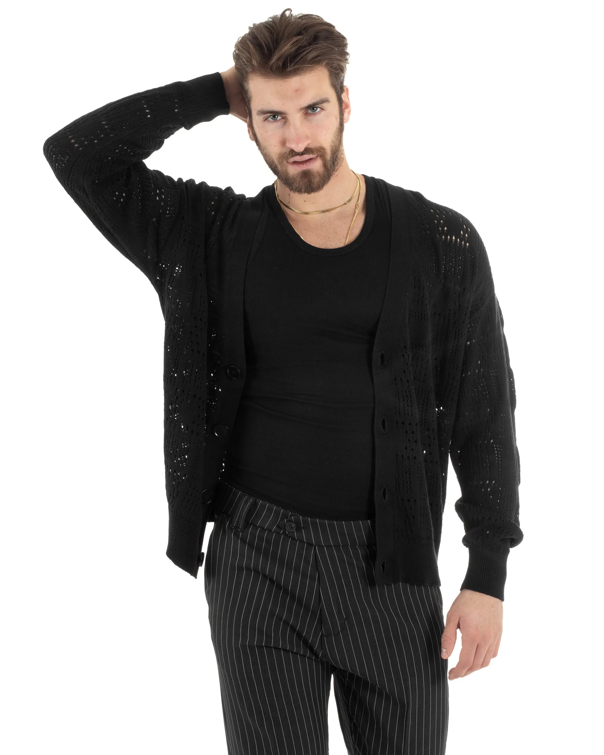 Cardigan Uomo Maglioncino Traforato Scollo V Maglia Bucata Giacca Con Bottoni Nero Casual GIOSAL-M2812A