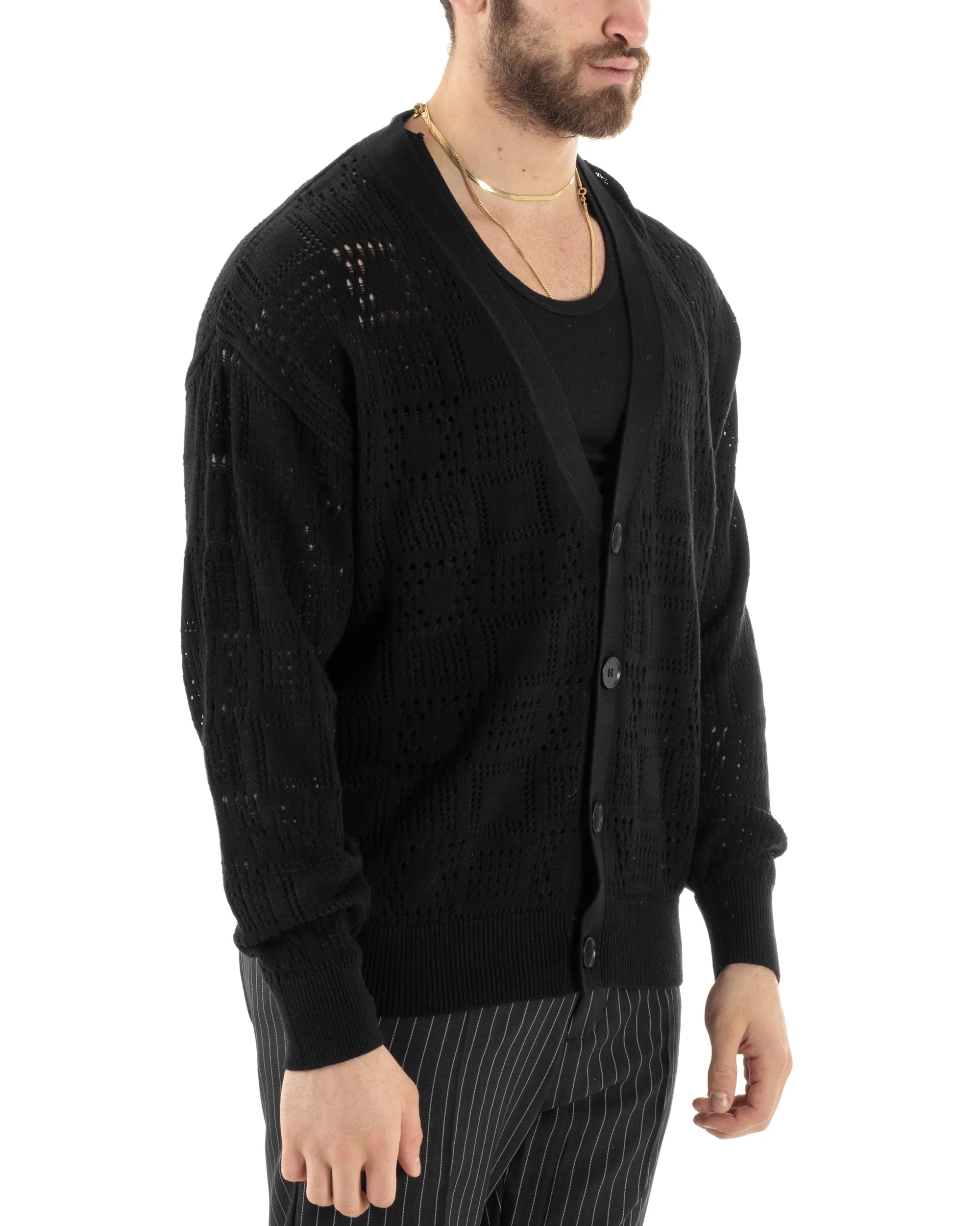 Cardigan Uomo Maglioncino Traforato Scollo V Maglia Bucata Giacca Con Bottoni Nero Casual GIOSAL-M2812A