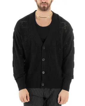 Cardigan Uomo Maglioncino Traforato Scollo V Maglia Bucata Giacca Con Bottoni Nero Casual GIOSAL-M2812A