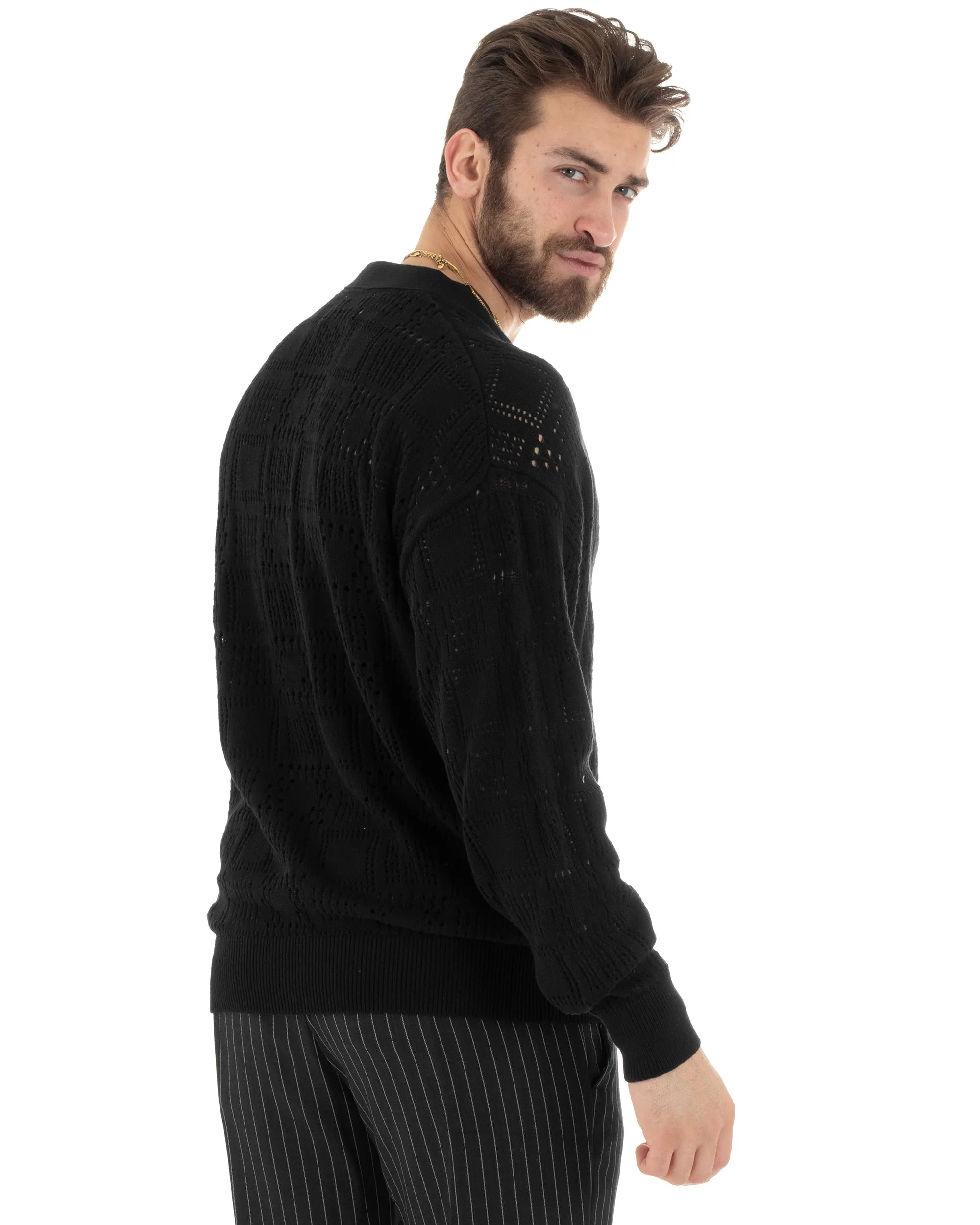 Cardigan Uomo Maglioncino Traforato Scollo V Maglia Bucata Giacca Con Bottoni Nero Casual GIOSAL-M2812A