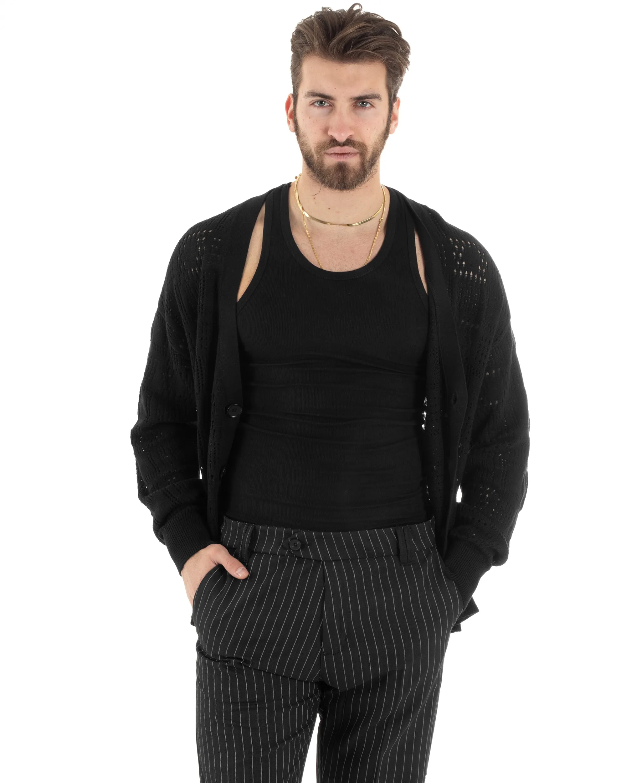 Cardigan Uomo Maglioncino Traforato Scollo V Maglia Bucata Giacca Con Bottoni Nero Casual GIOSAL-M2812A