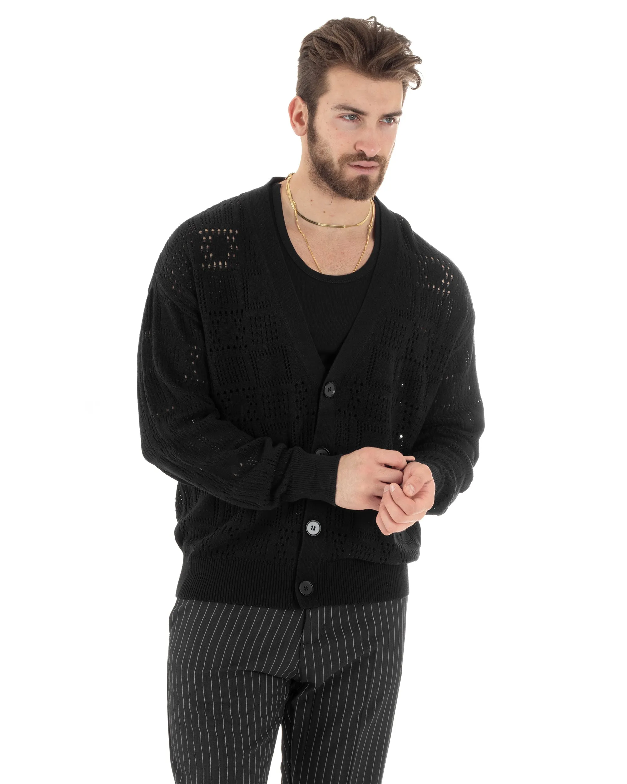 Cardigan Uomo Maglioncino Traforato Scollo V Maglia Bucata Giacca Con Bottoni Nero Casual GIOSAL-M2812A