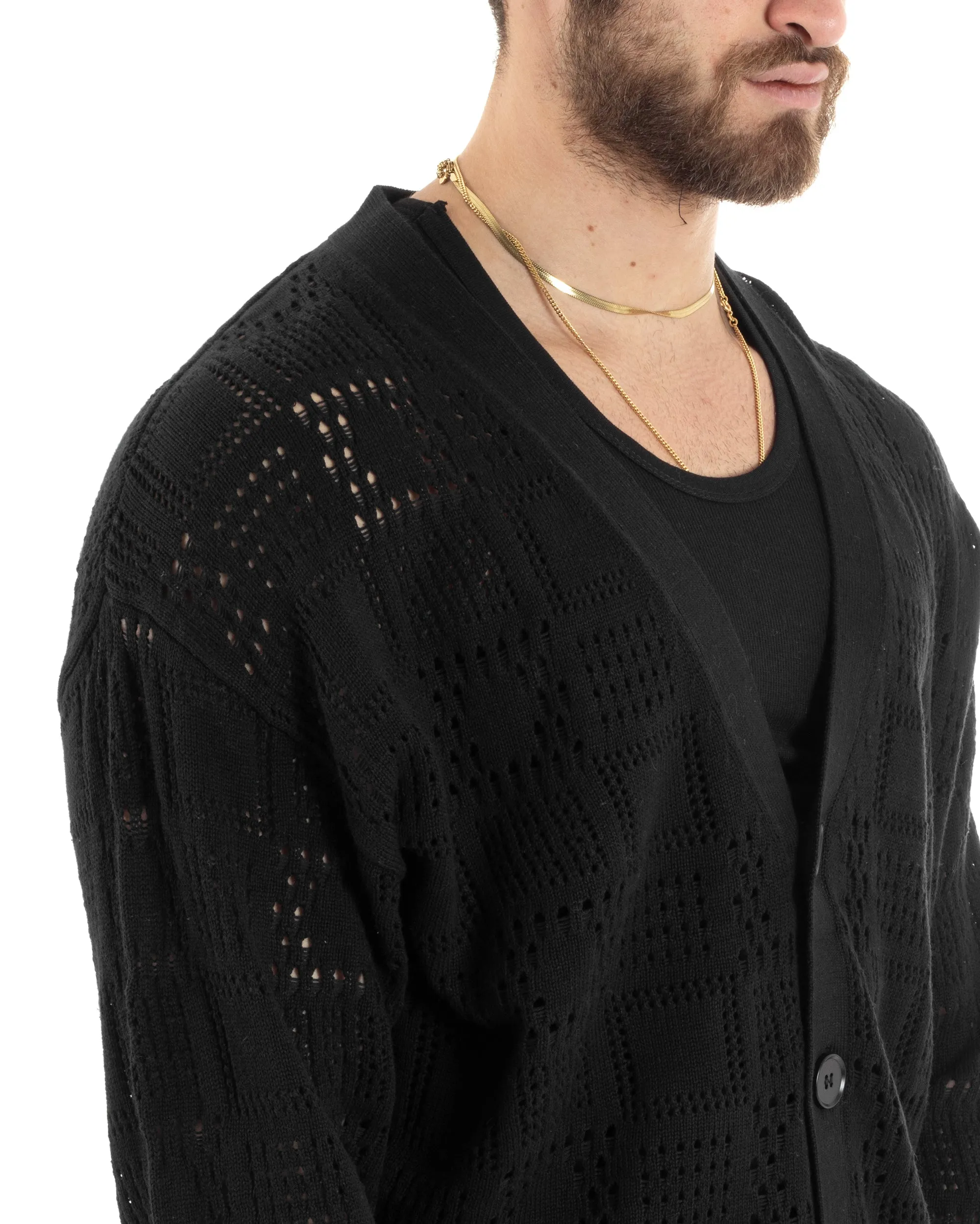 Cardigan Uomo Maglioncino Traforato Scollo V Maglia Bucata Giacca Con Bottoni Nero Casual GIOSAL-M2812A