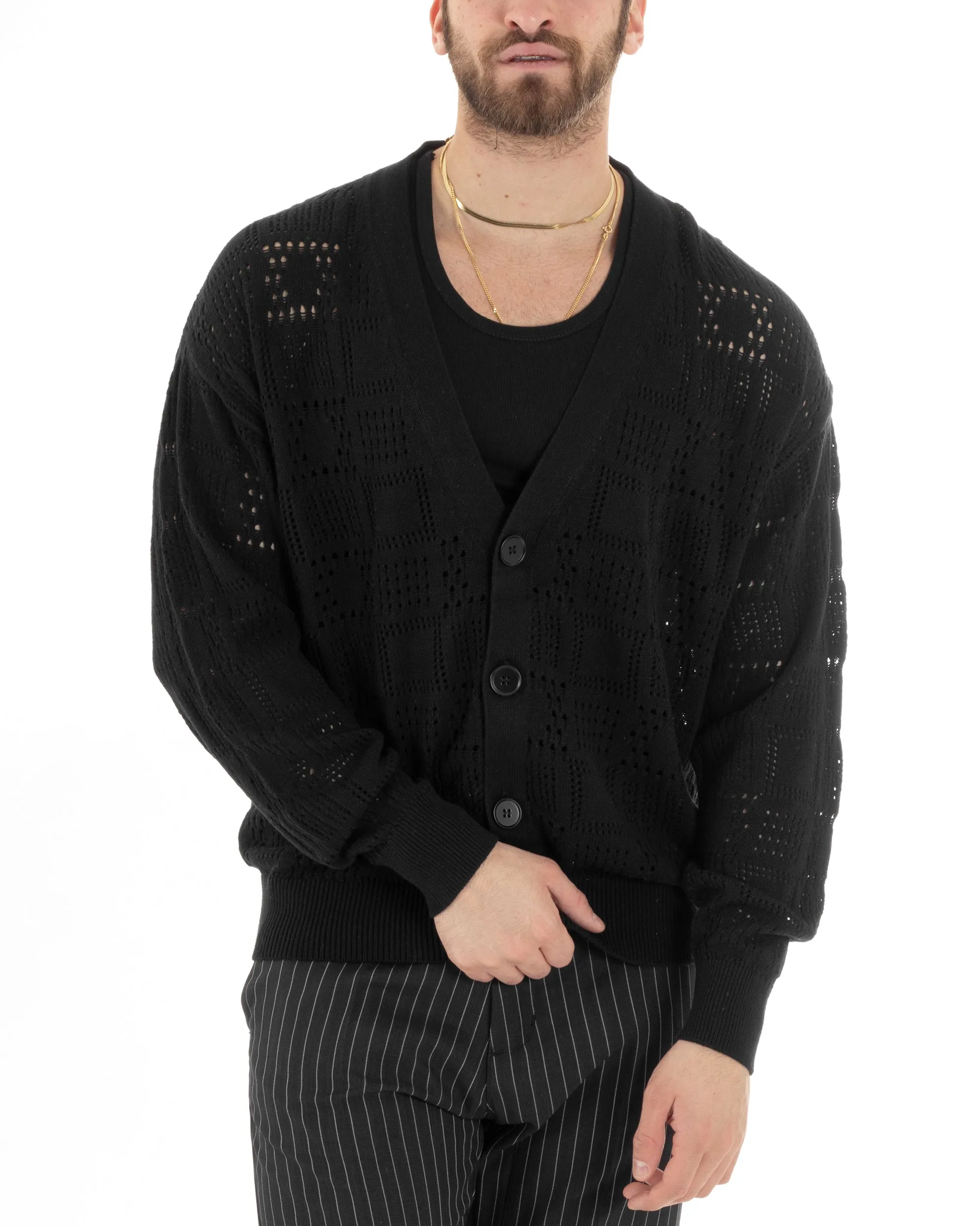 Cardigan Uomo Maglioncino Traforato Scollo V Maglia Bucata Giacca Con Bottoni Nero Casual GIOSAL-M2812A