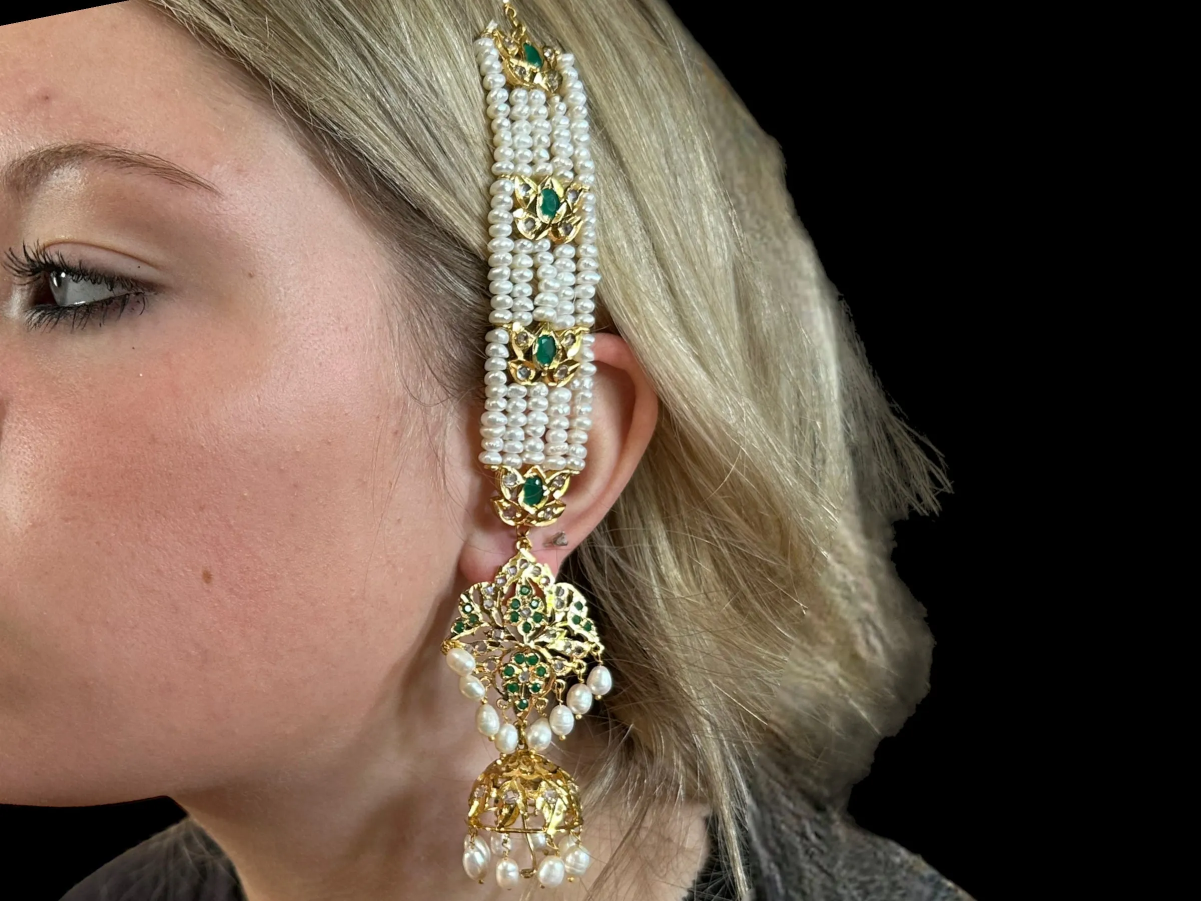 DER200 Lina sheeshphool inspired earrings in fresh water pearls - green ( SHIPS IN 3 WEEKS  )