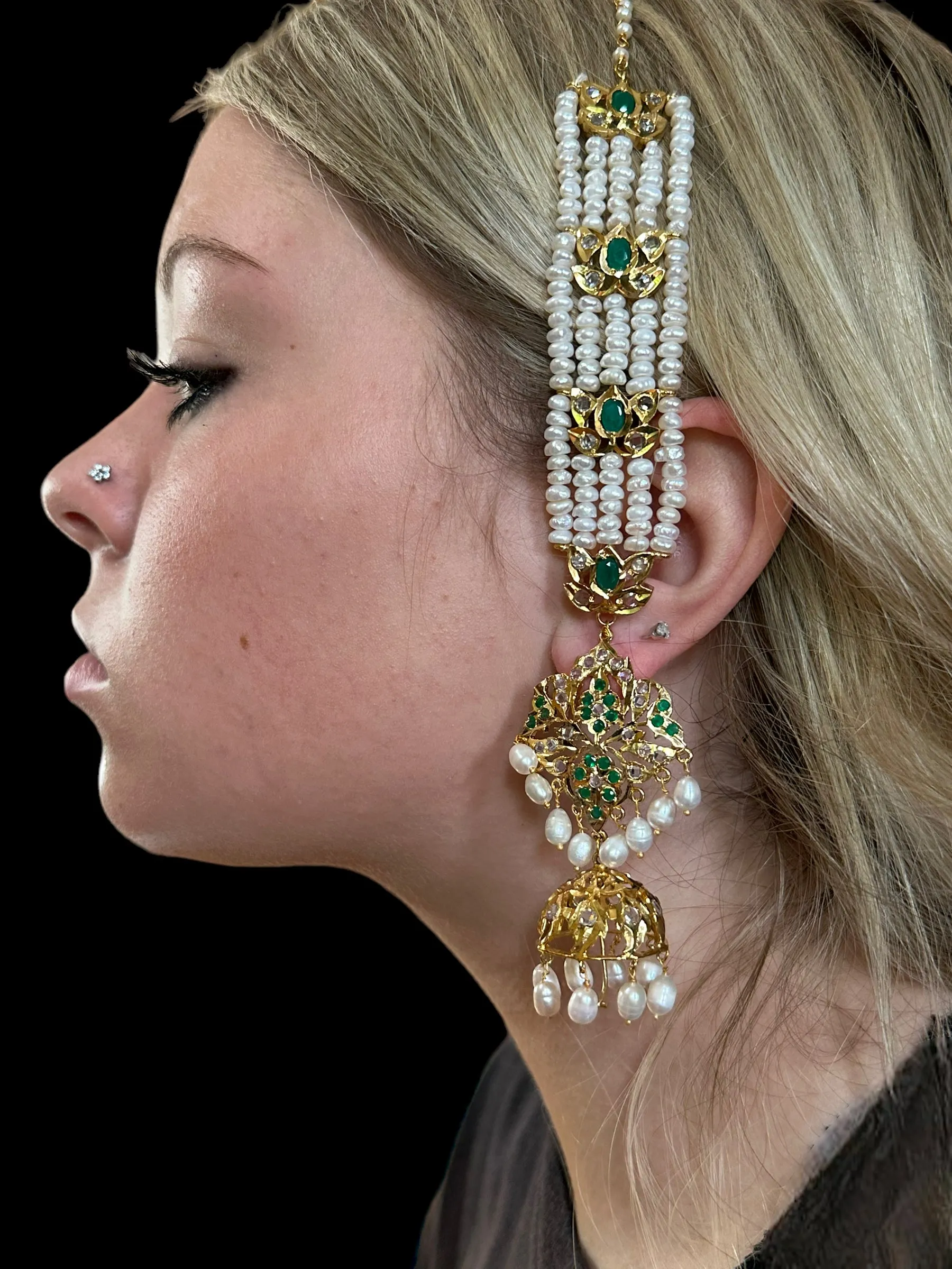 DER200 Lina sheeshphool inspired earrings in fresh water pearls - green ( SHIPS IN 3 WEEKS  )