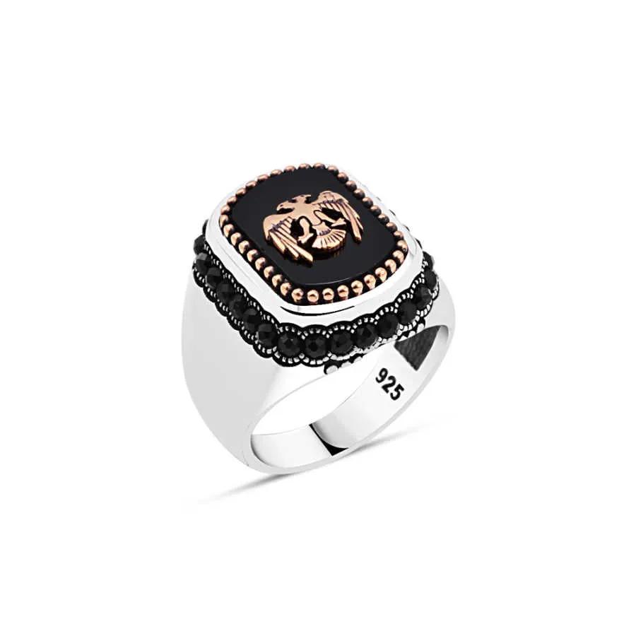 Double Headed Eagle on Rectangle Black Onyx Stone with Circling Zircons Silver Men's Ring