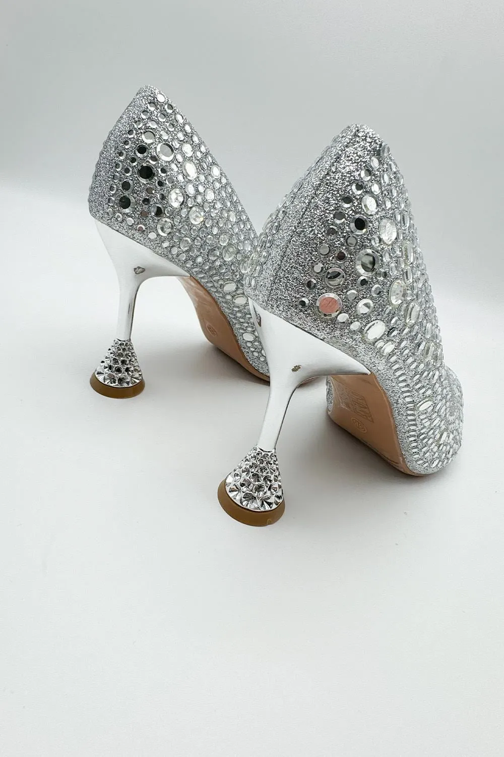 Elara Diamante Court Shoes Spool Heels in Silver