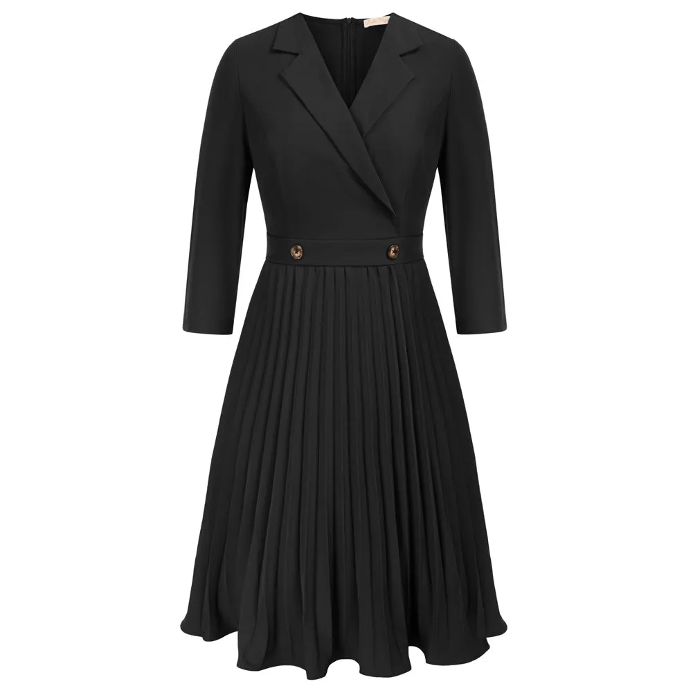 Fans Look of Pleated Dress 3/4 Sleeve Lapel Collar V-Neck Defined Waist A-Line Dress