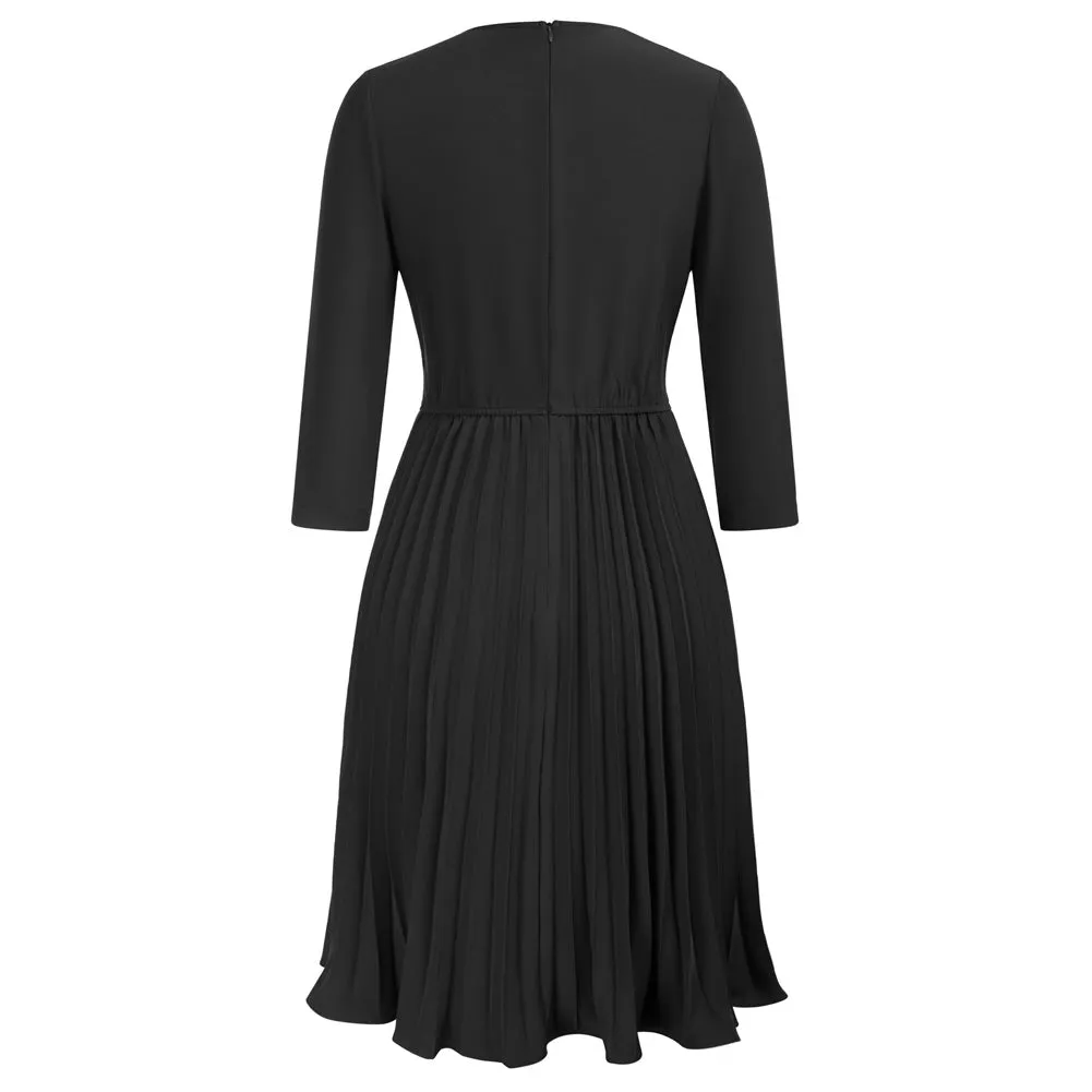 Fans Look of Pleated Dress 3/4 Sleeve Lapel Collar V-Neck Defined Waist A-Line Dress