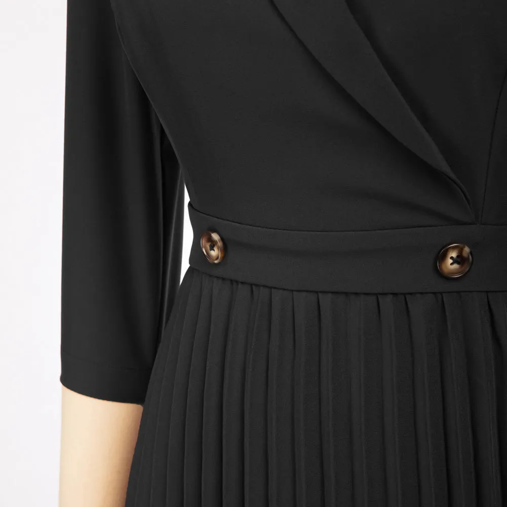 Fans Look of Pleated Dress 3/4 Sleeve Lapel Collar V-Neck Defined Waist A-Line Dress