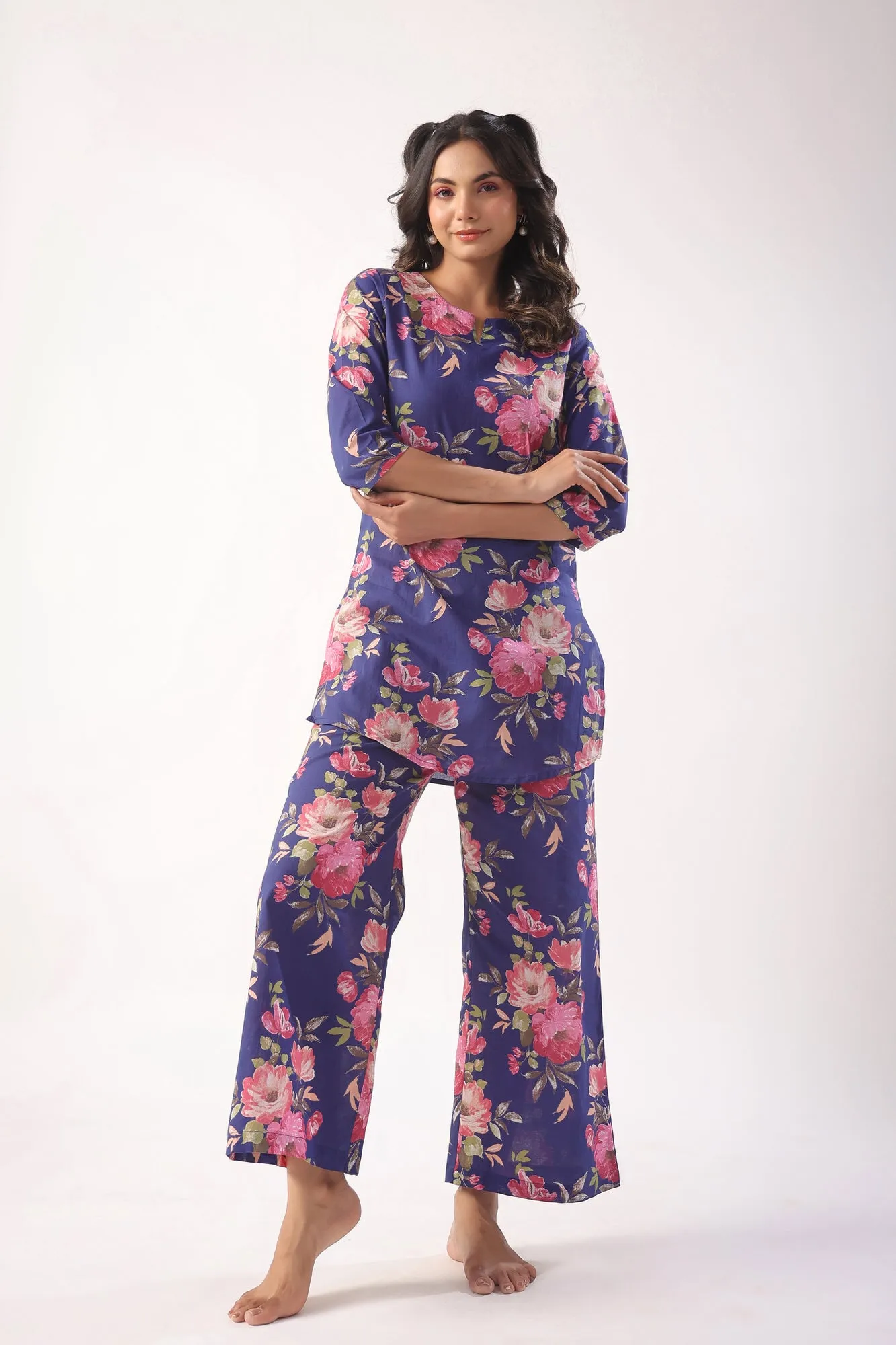 Floral Bouquet on Indigo Cotton Lounge Co-ord Set