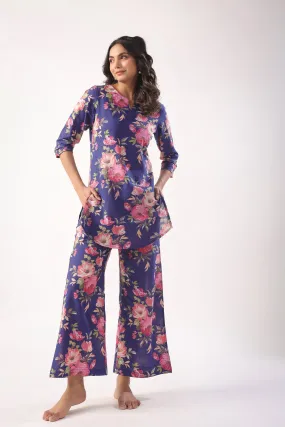 Floral Bouquet on Indigo Cotton Lounge Co-ord Set