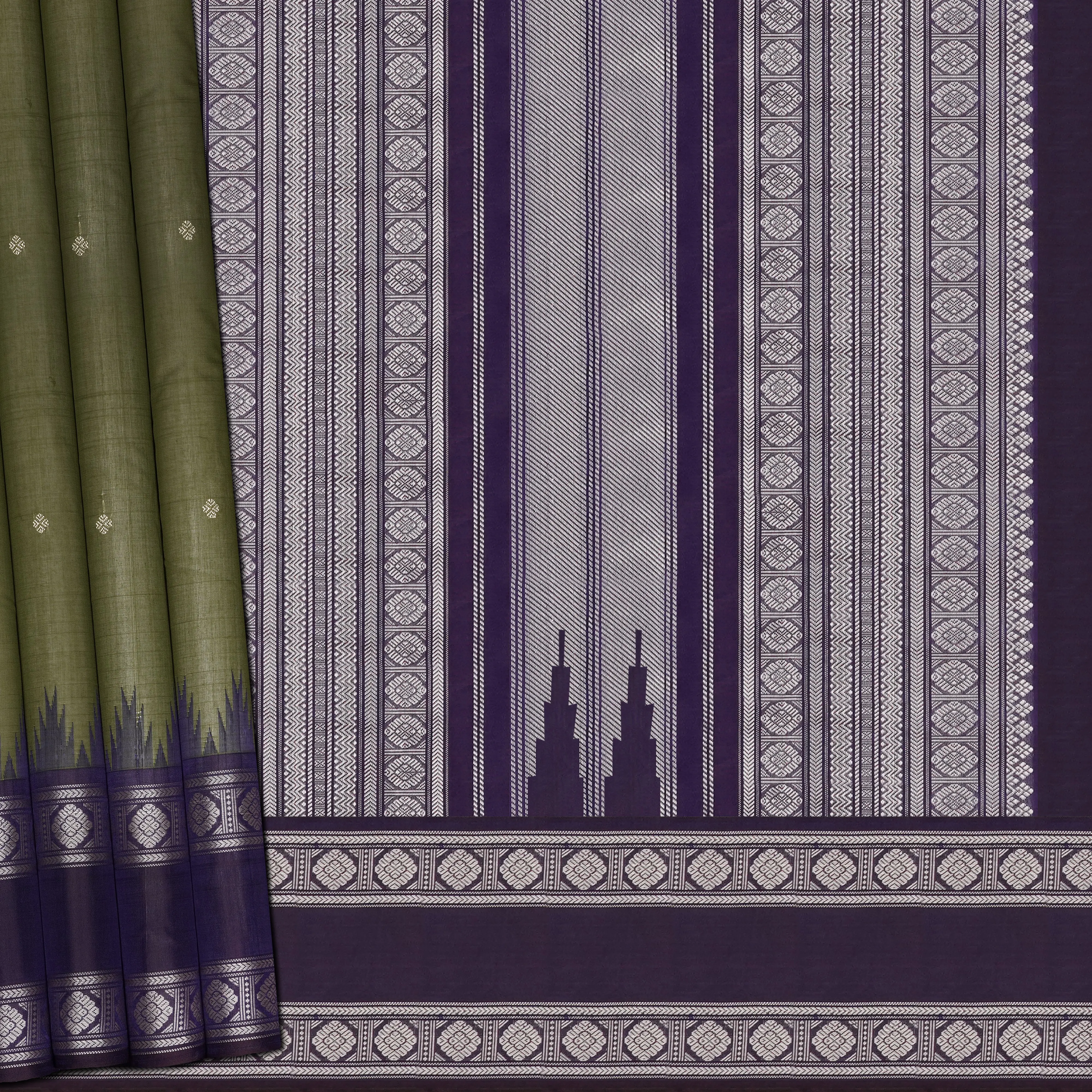 Handwoven Green with Purple Kanchipuram Silk Cotton Saree - 2187T010888DSC