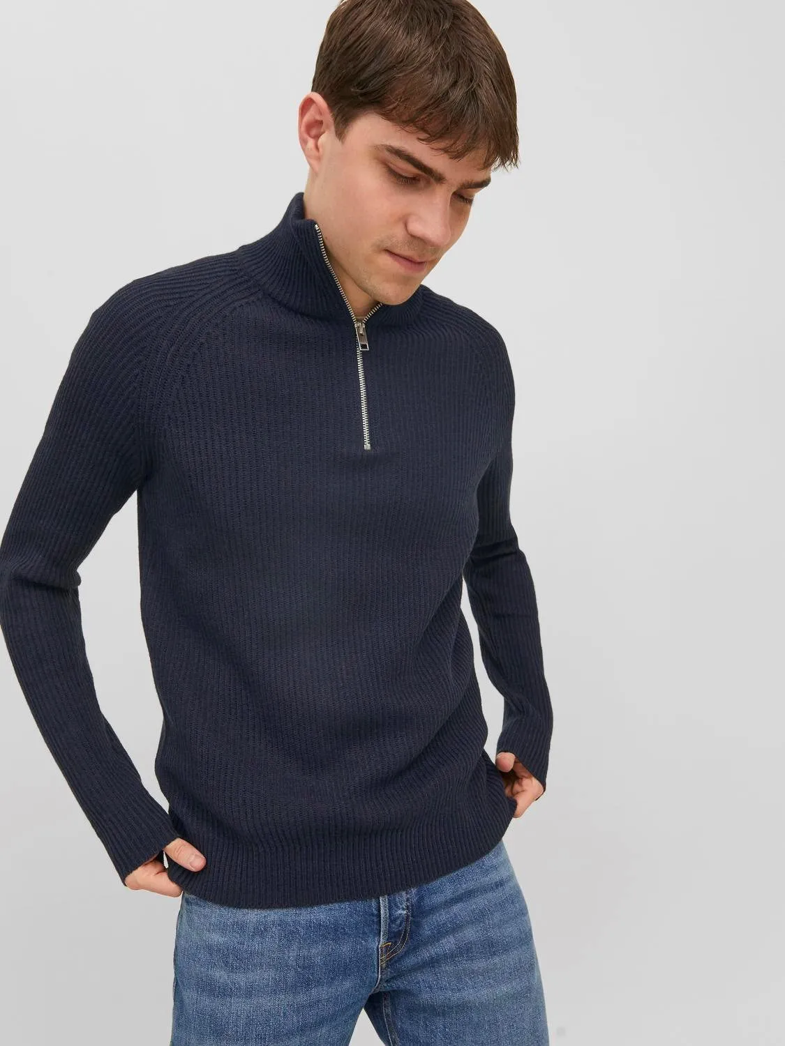 Jack & Jones Mens 'JJPANNEL' Half Zip Flunnel Neck Knit Jumper