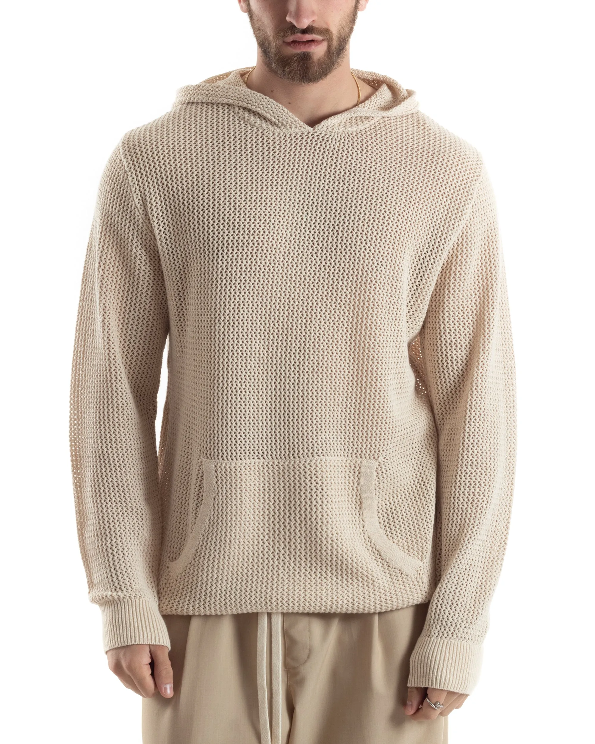 Maglioncino Uomo Traforato Con Cappuccio Maglia Bucata Tinta Unita Beige GIOSAL-M2833A