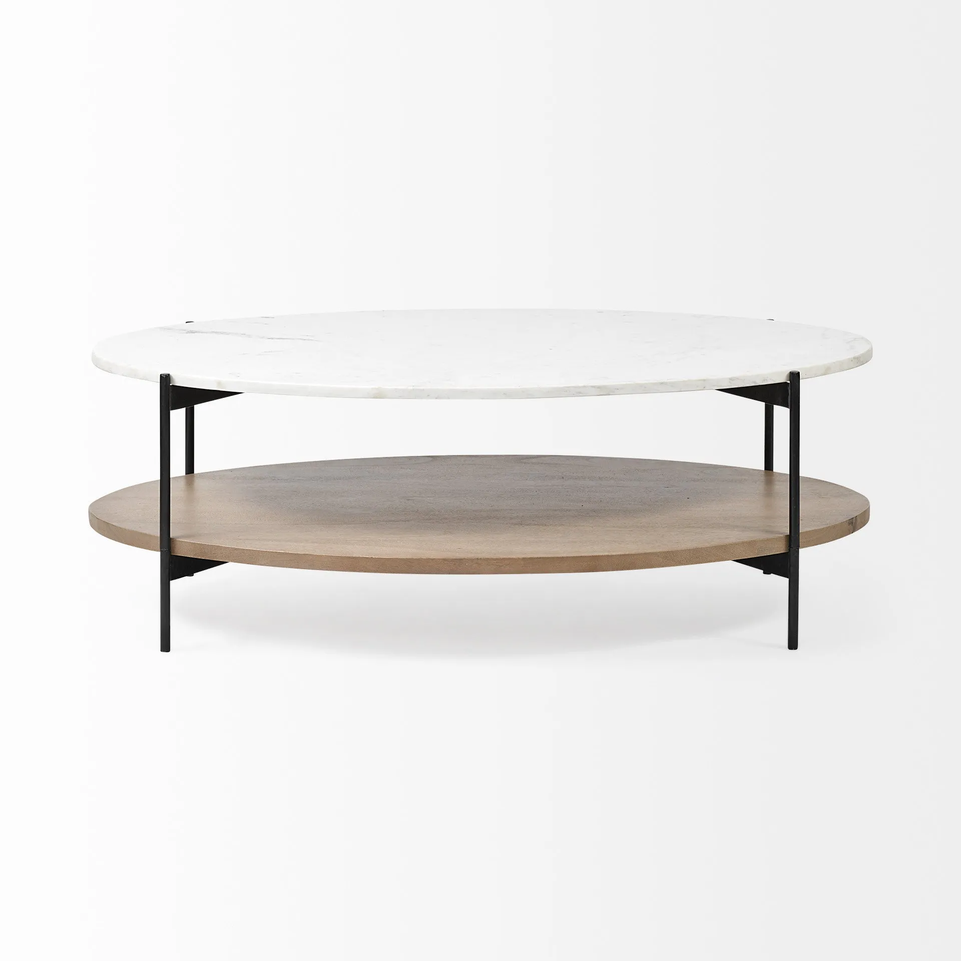 Oval White Marble Top And Black Metal Base Coffee Table W Wood Shelf