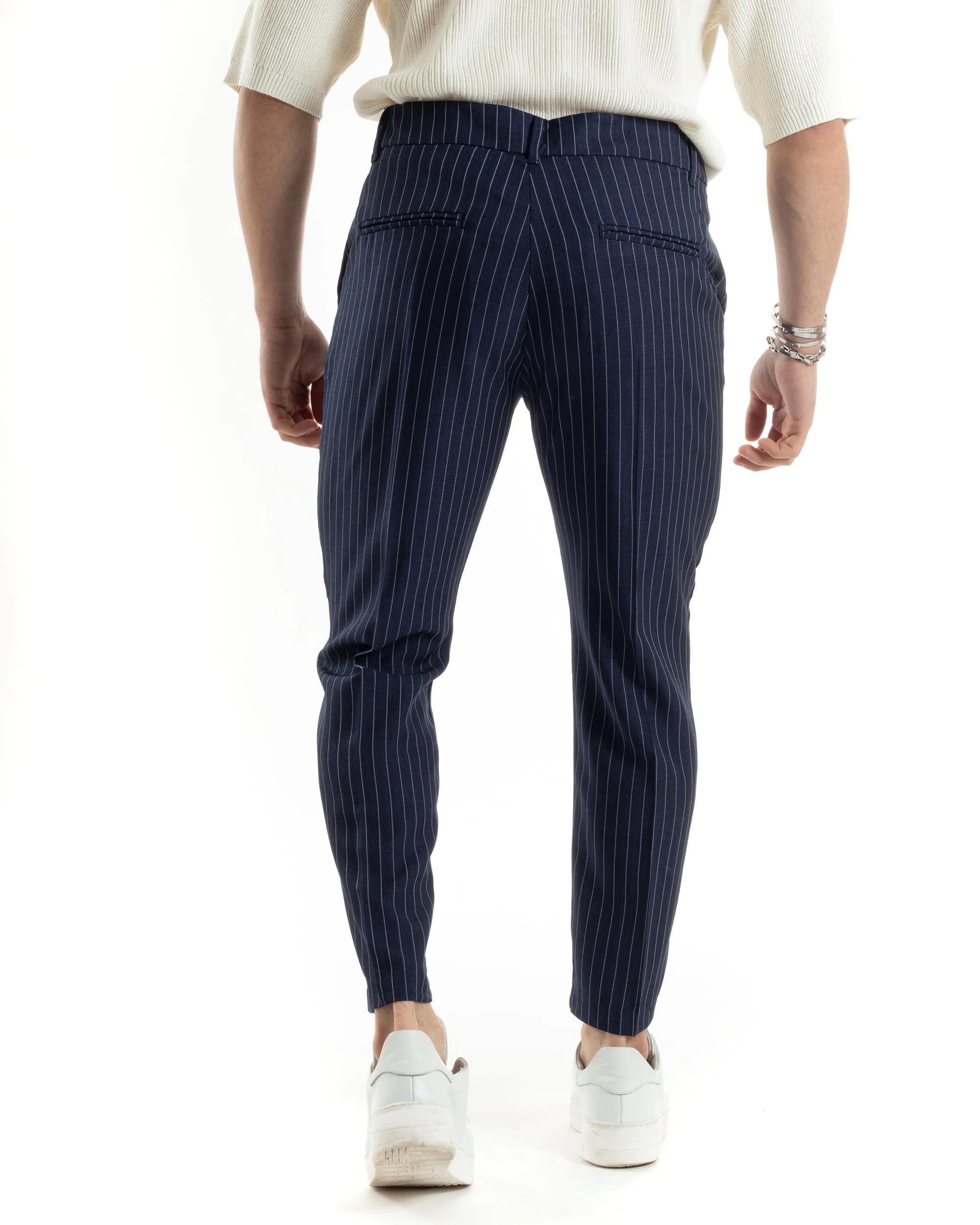 Pantaloni Uomo Gessati Viscosa Tasca America Rigato Classico Abbottonatura Allungata Casual Blu GIOSAL-P6036A