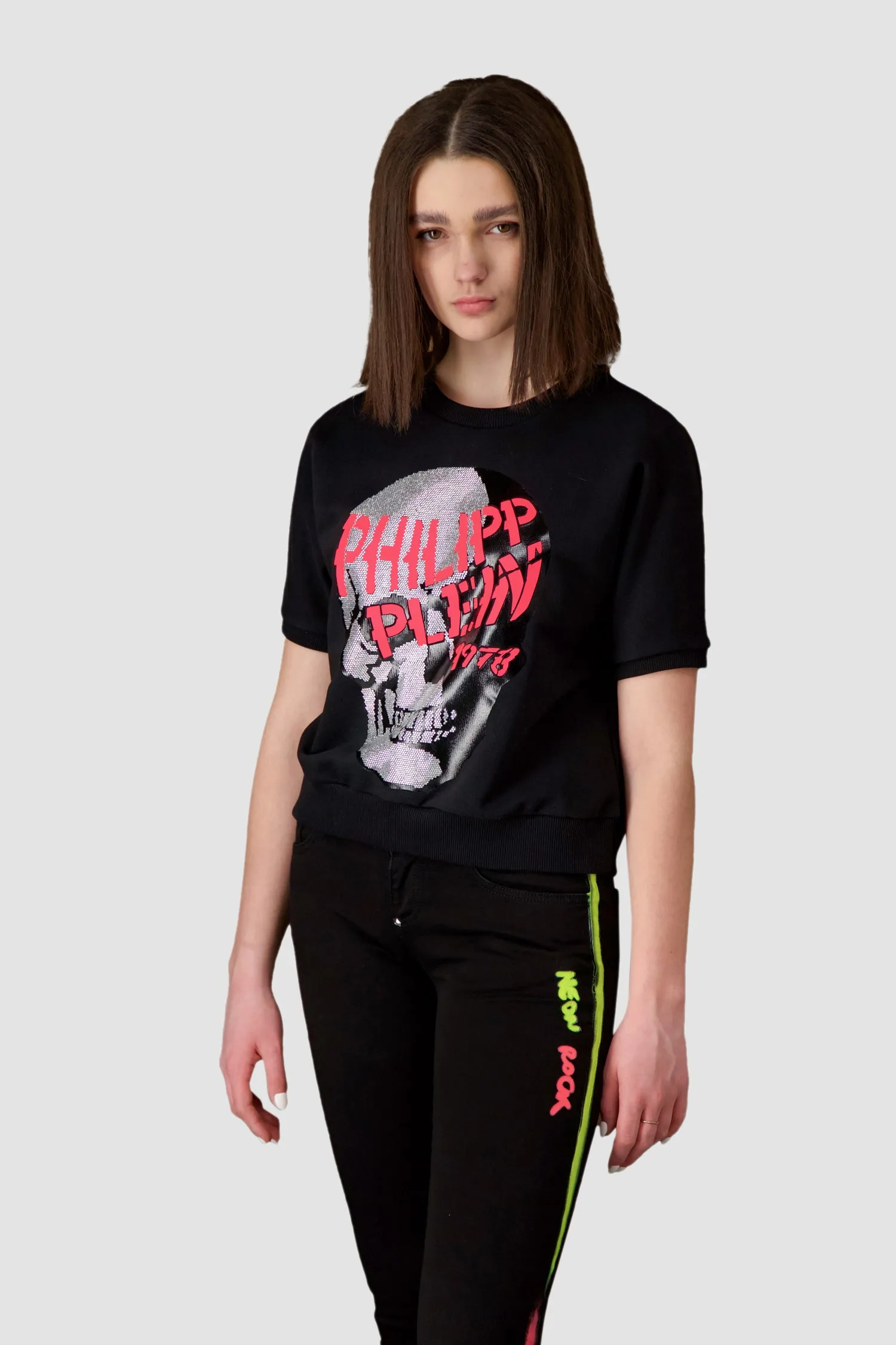 Philipp Plein Black Fuchsia SS Skull Strass Sweatshirt