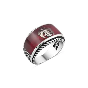 Red Enameled Seljuk Eagle Ovoid Silver Men's Ring with Braid Pattern