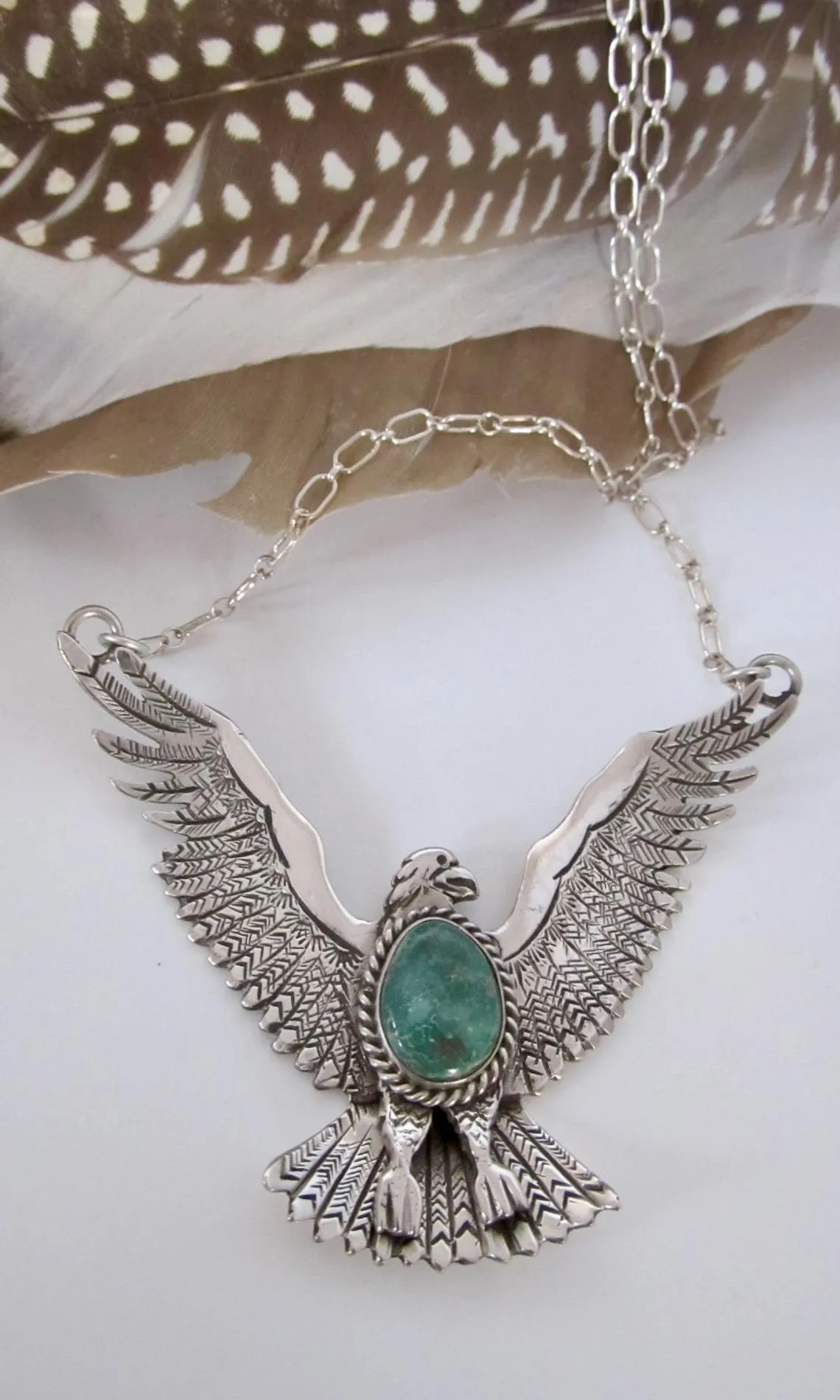 ROBERT KELLY Navajo Flying Eagle Silver & Turquoise Necklace, Mystical Bird