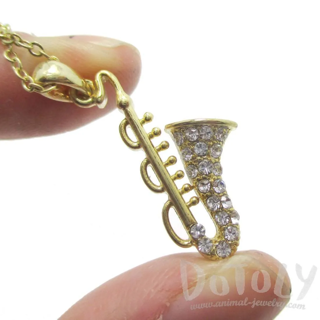 Saxophone Instrument Shaped Rhinestone Pendant Necklace in Gold | For Music Lovers