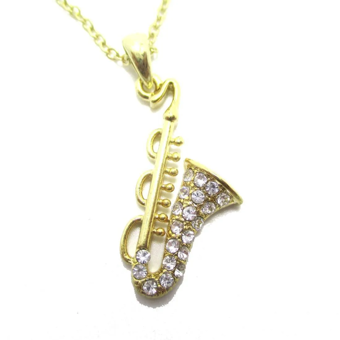 Saxophone Instrument Shaped Rhinestone Pendant Necklace in Gold | For Music Lovers