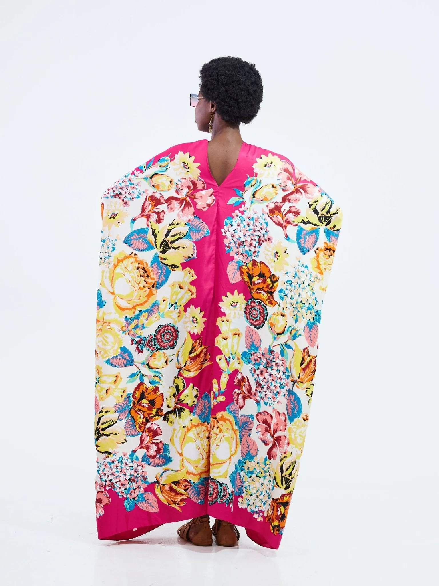 Sayuri V-Neck Boarder and Flower Print Kaftan - Pink