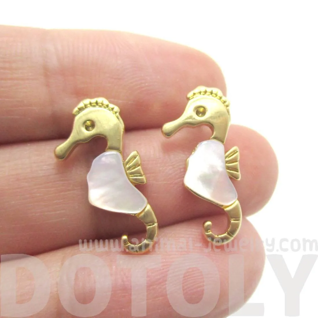 Seahorse Shaped Animal Themed Stud Earrings in Gold with Pearl Detail | DOTOLY