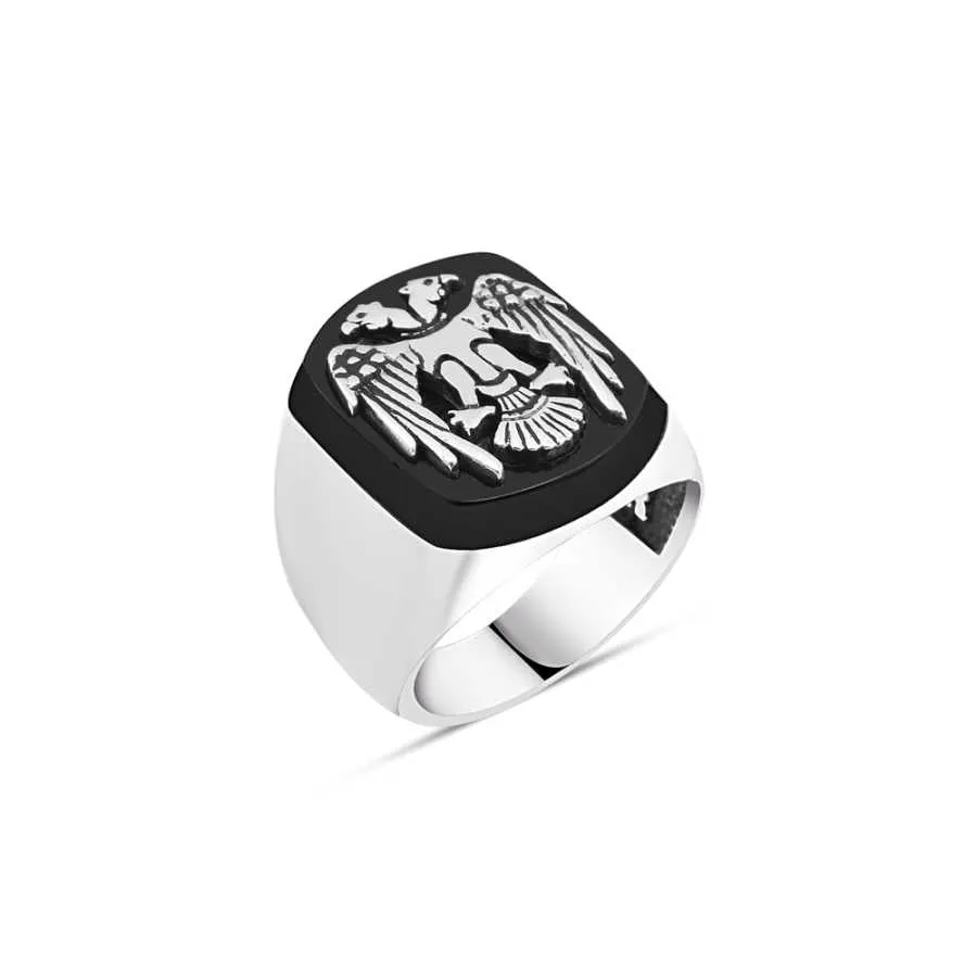 Silver Seljuk Eagle on Stadium Shaped Black Onyx Stone Silver Men's Ring