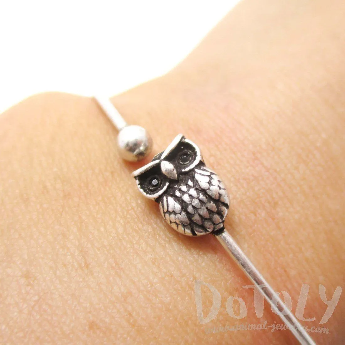 Simple Owl Bird Charm Bangle Bracelet Cuff in Silver | Animal Jewelry