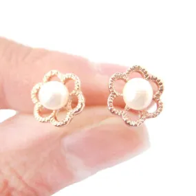 Small Floral Flower Shaped Stud Earrings in Rose Gold with Pearl Details | DOTOLY