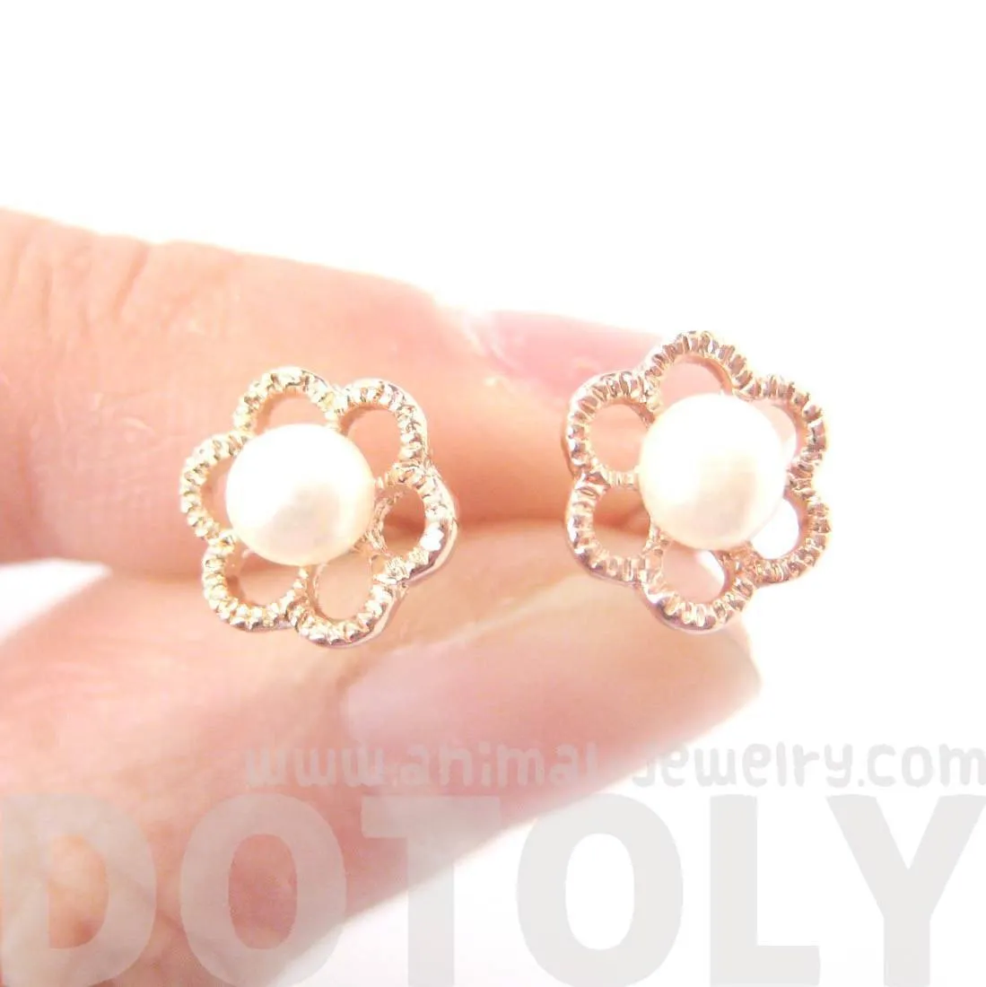 Small Floral Flower Shaped Stud Earrings in Rose Gold with Pearl Details | DOTOLY