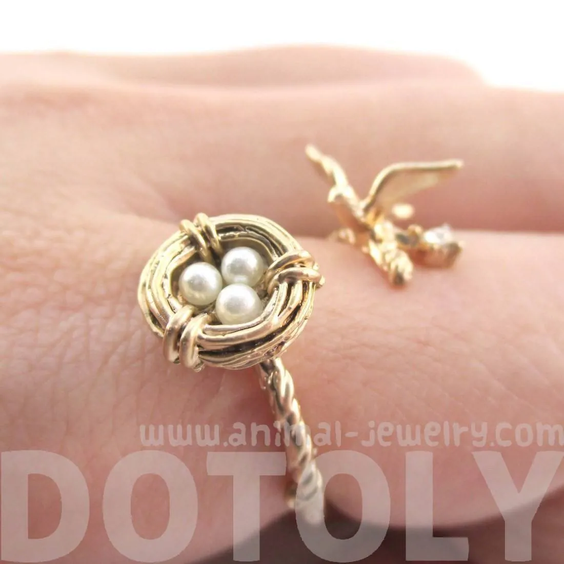 Sparrow and Bird Nest on A Branch Wrap Around Adjustable Ring in Antique Gold